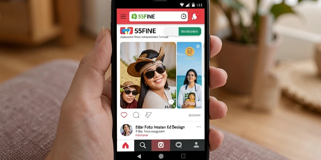 Antarmuka pengguna aplikasi <strong>55FIVE</strong> menampilkan berbagai filter dan alat desain.