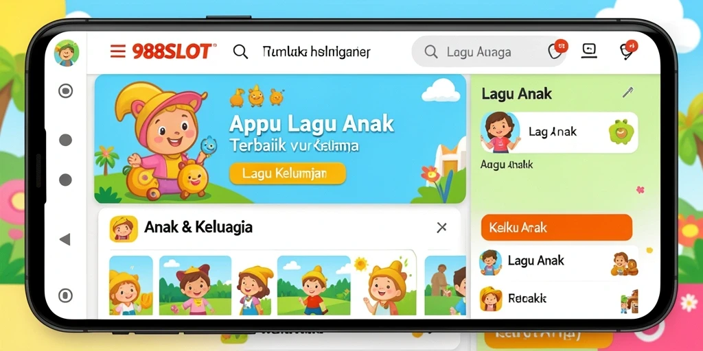 Tampilan utama aplikasi 988SLOT dengan lagu-lagu anak yang ceria.