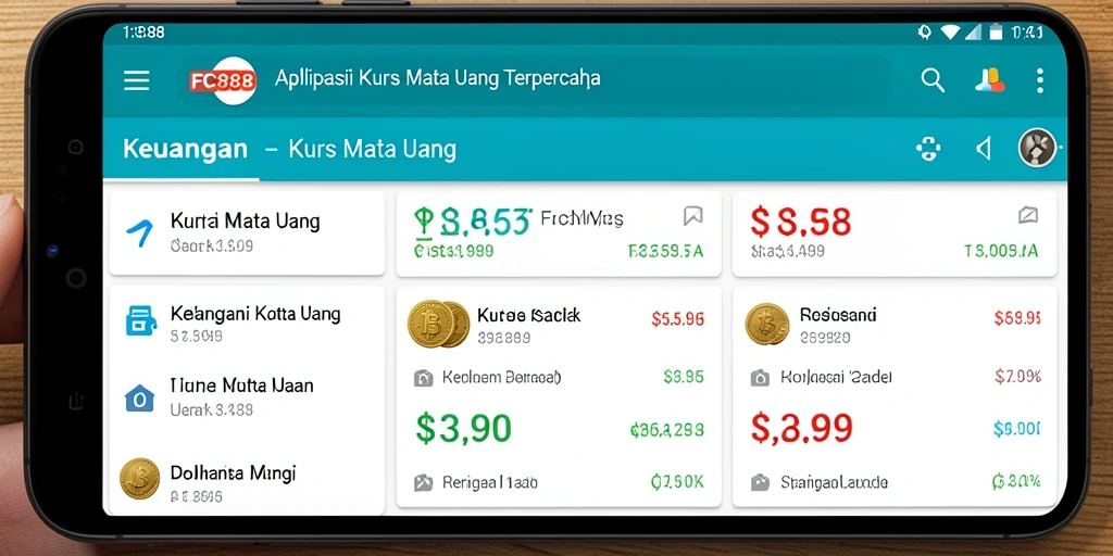 Antarmuka FC888 yang menampilkan nilai tukar mata uang secara real-time.