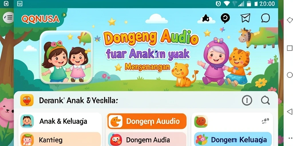 Antarmuka QQNUSA menampilkan pilihan cerita dongeng audio yang menarik.